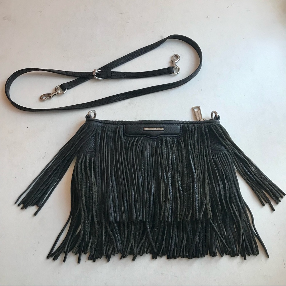 Rebecca Minkoff Purse Finn Black Leather Suede Fringe Clutch Crossbody Bag - Picture 2 of 10